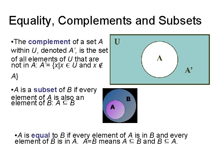 Equality, Complements and Subsets • The complement of a set A within U, denoted Equality, Complements and Subsets • The complement of a set A within U, denoted