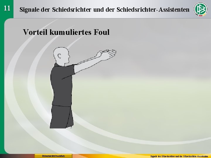 11 Signale der Schiedsrichter und der Schiedsrichter-Assistenten Vorteil kumuliertes Foul Präsentation beenden Signale der