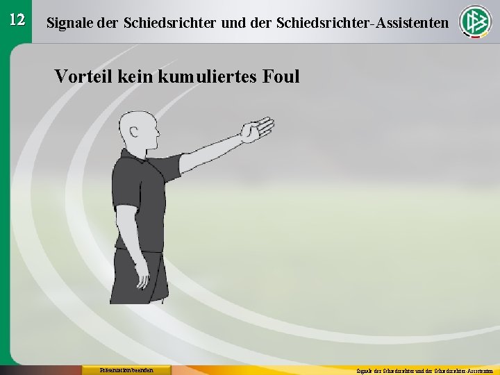 12 Signale der Schiedsrichter und der Schiedsrichter-Assistenten Vorteil kein kumuliertes Foul Präsentation beenden Signale