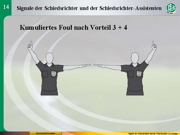 14 Signale der Schiedsrichter und der Schiedsrichter-Assistenten Kumuliertes Foul nach Vorteil 3 + 4