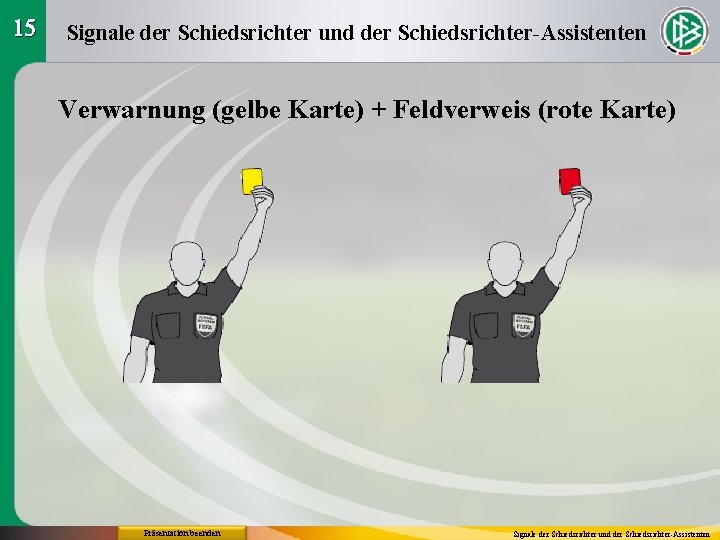 15 Signale der Schiedsrichter und der Schiedsrichter-Assistenten Verwarnung (gelbe Karte) + Feldverweis (rote Karte)