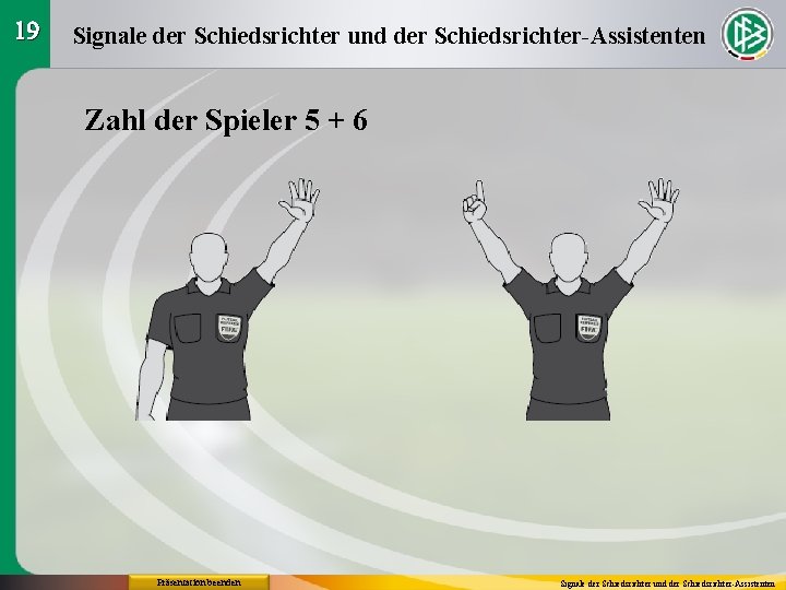 19 Signale der Schiedsrichter und der Schiedsrichter-Assistenten Zahl der Spieler 5 + 6 Präsentation