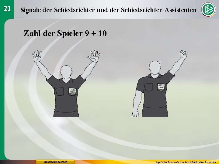 21 Signale der Schiedsrichter und der Schiedsrichter-Assistenten Zahl der Spieler 9 + 10 Präsentation