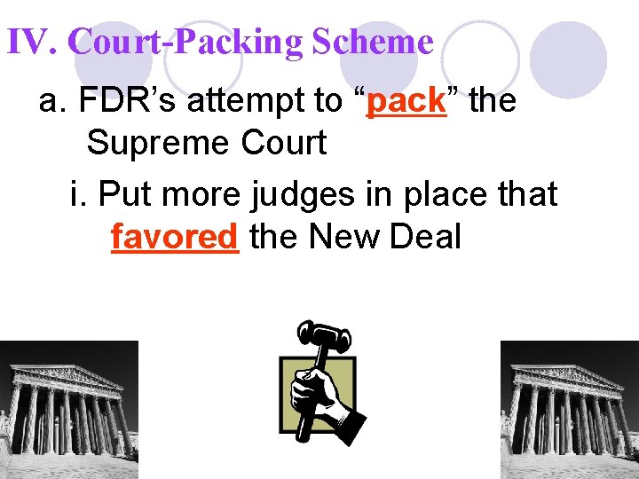 IV. Court-Packing Scheme a. FDR’s attempt to “pack” the Supreme Court i. Put more
