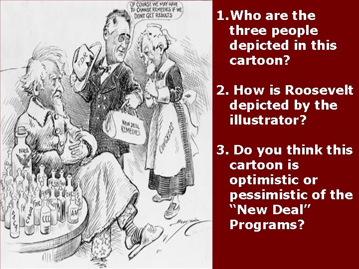 1. Who are three people depicted in this cartoon? 2. How is Roosevelt depicted
