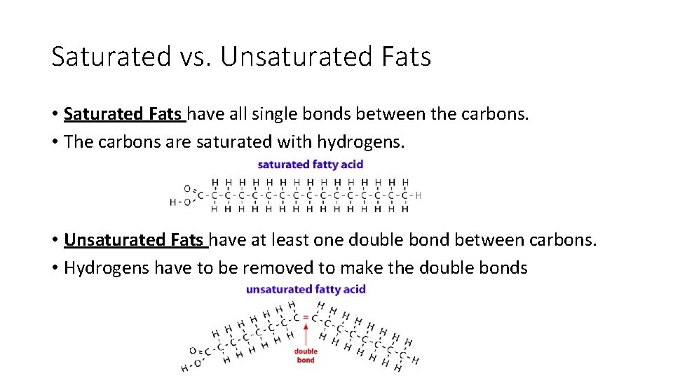 Saturated vs. Unsaturated Fats • Saturated Fats have all single bonds between the carbons. Saturated vs. Unsaturated Fats • Saturated Fats have all single bonds between the carbons.