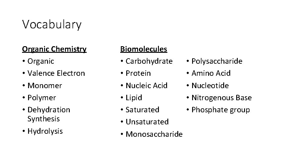 Vocabulary Organic Chemistry • Organic • Valence Electron • Monomer • Polymer • Dehydration Vocabulary Organic Chemistry • Organic • Valence Electron • Monomer • Polymer • Dehydration