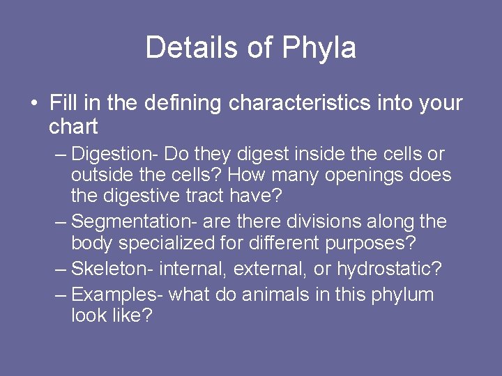 Details of Phyla • Fill in the defining characteristics into your chart – Digestion-