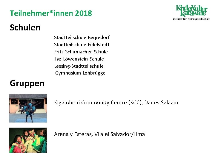 Teilnehmer*innen 2018 Schulen Stadtteilschule Bergedorf Stadtteilschule Eidelstedt Fritz-Schumacher-Schule Ilse-Löwenstein-Schule Lessing-Stadtteilschule Gymnasium Lohbrügge Gruppen Kigamboni