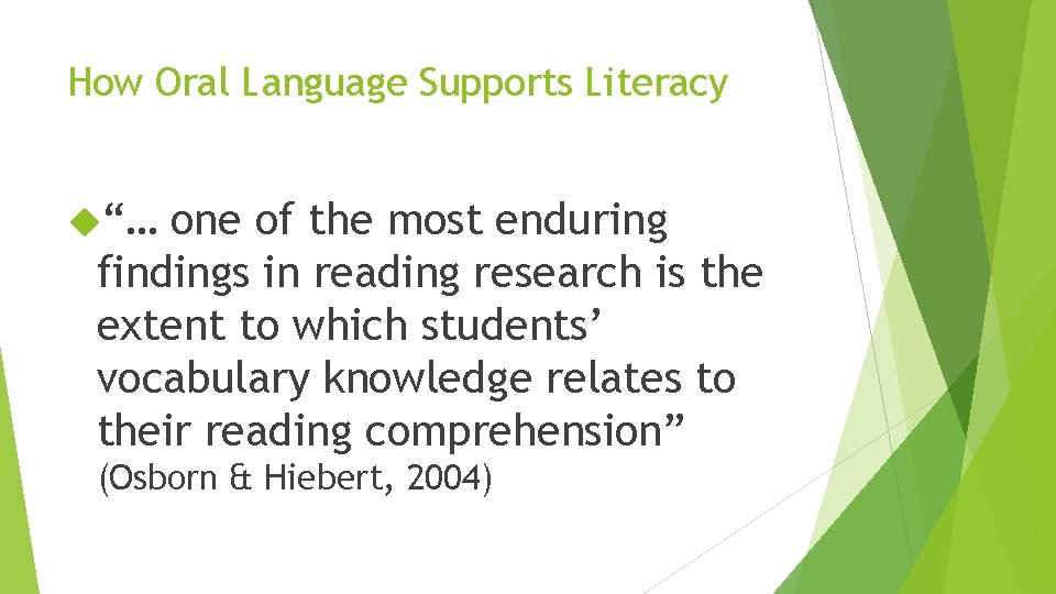 How Oral Language Supports Literacy “… one of the most enduring findings in reading