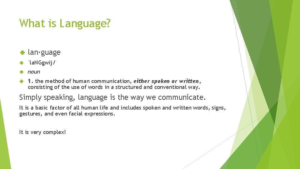 What is Language? lan·guage ˈla. NGgwij/ noun 1. the method of human communication, either