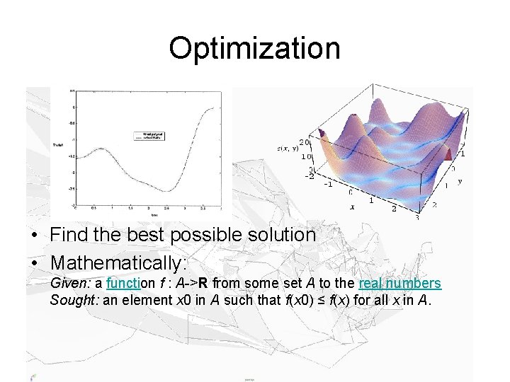 Optimization • Find the best possible solution • Mathematically: Given: a function f :