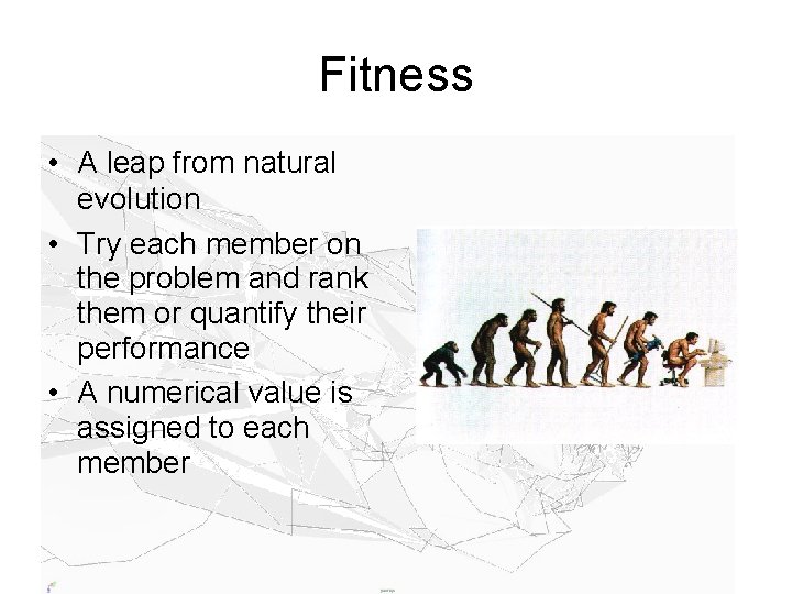 Fitness • A leap from natural evolution • Try each member on the problem