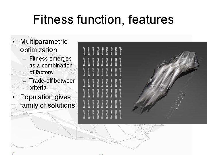 Fitness function, features • Multiparametric optimization – Fitness emerges as a combination of factors