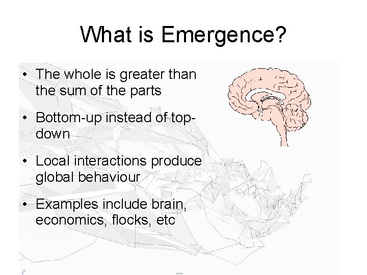 What is Emergence? • The whole is greater than the sum of the parts