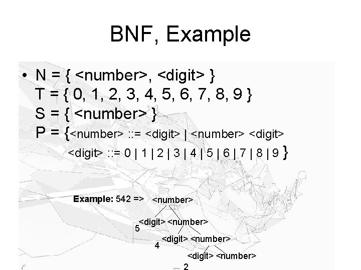BNF, Example • N = { <number>, <digit> } T = { 0, 1,