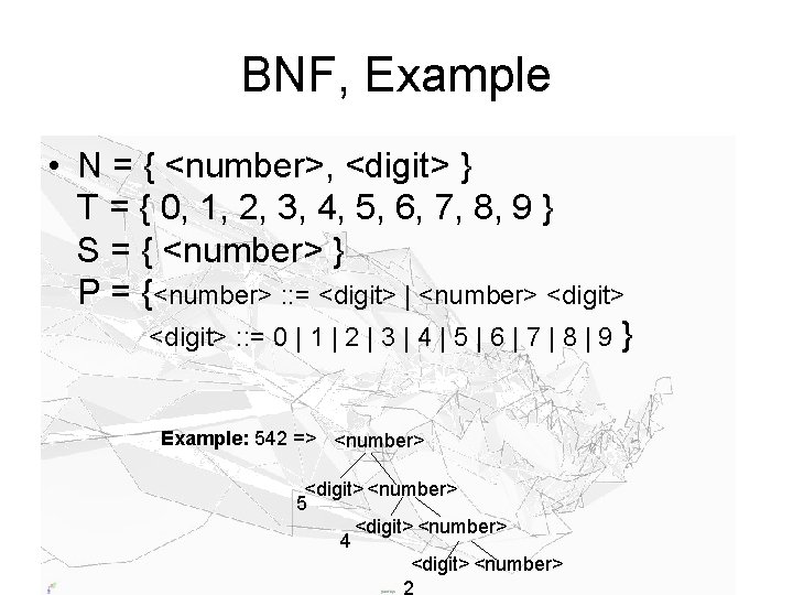 BNF, Example • N = { <number>, <digit> } T = { 0, 1,