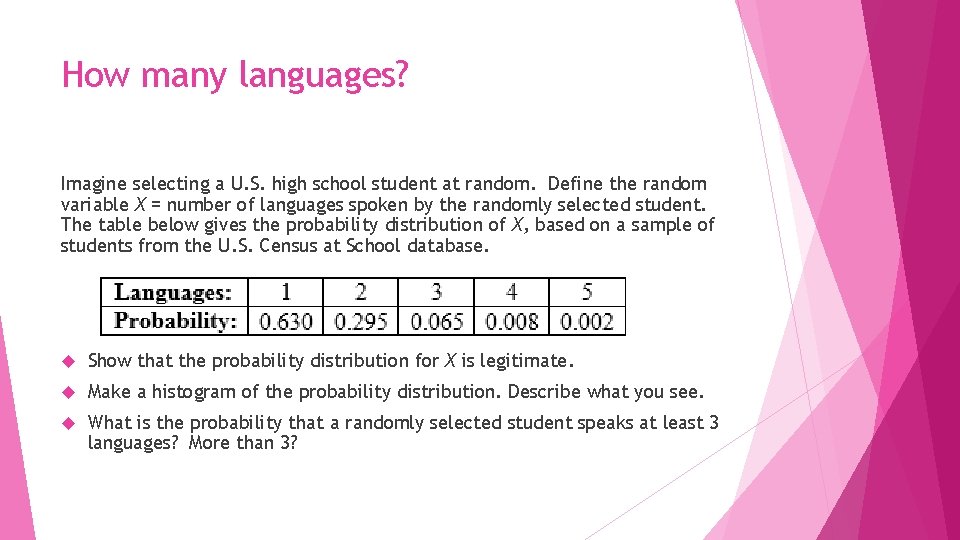 How many languages? Imagine selecting a U. S. high school student at random. Define