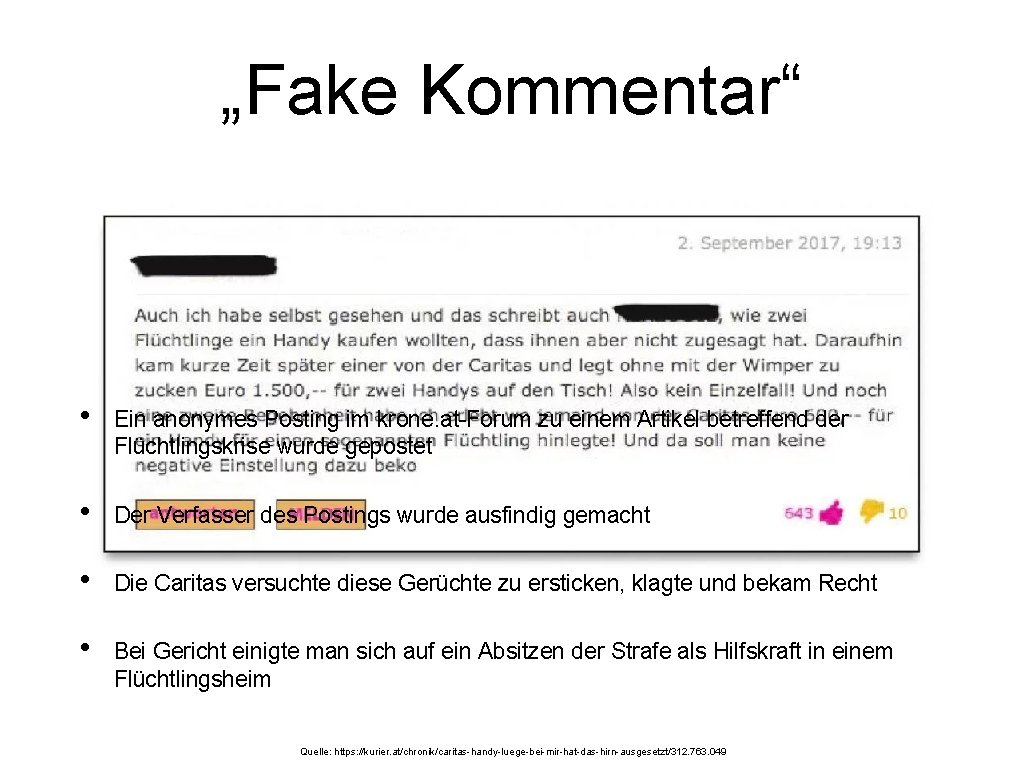 „Fake Kommentar“ • Ein anonymes Posting im krone. at-Forum zu einem Artikel betreffend der