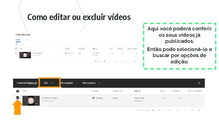 Como editar ou excluir vídeos Aqui você poderá conferir os seus vídeos já publicados.