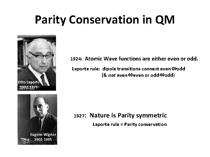 Parity Conservation in QM 1924: Atomic Wave functions are either even or odd. Laporte