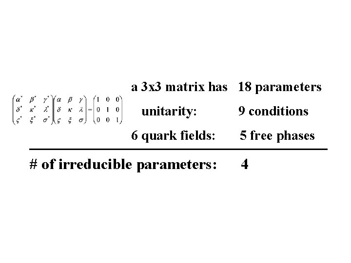 a 3 x 3 matrix has 18 parameters unitarity: 6 quark fields: # of