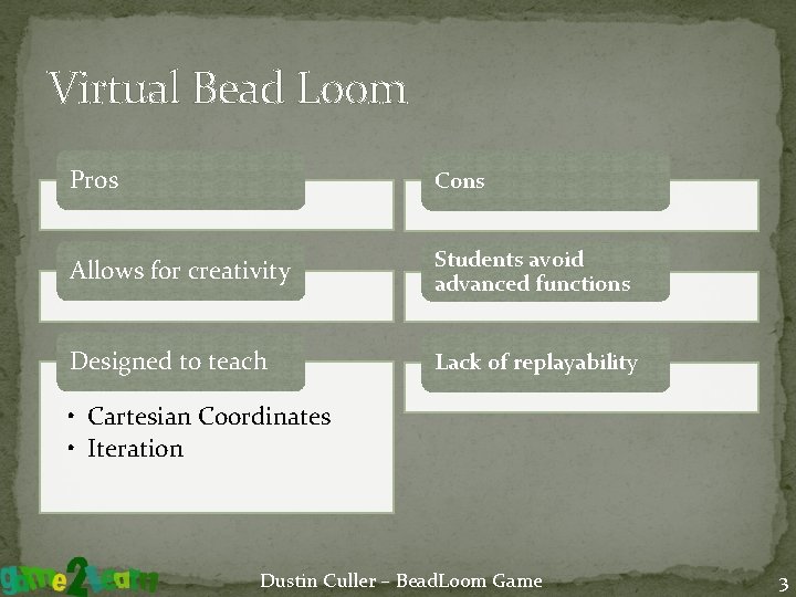 Virtual Bead Loom Pros Cons Allows for creativity Students avoid advanced functions Designed to