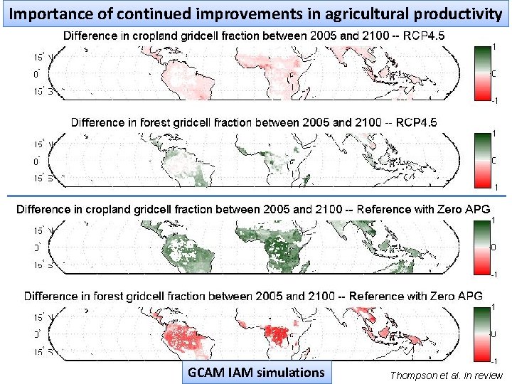Importance of continued improvements in agricultural productivity GCAM IAM simulations Thompson et al. in