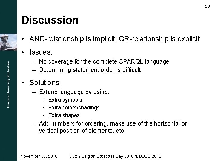 20 Discussion • AND-relationship is implicit, OR-relationship is explicit • Issues: – No coverage