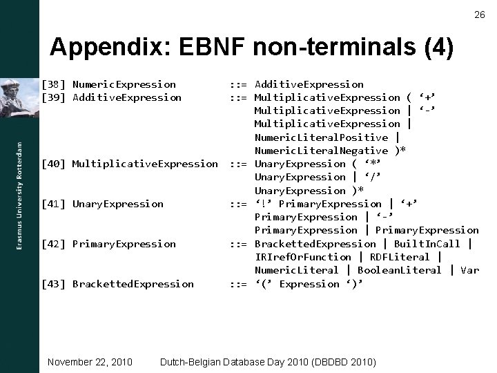 26 Appendix: EBNF non-terminals (4) [38] Numeric. Expression [39] Additive. Expression : : =