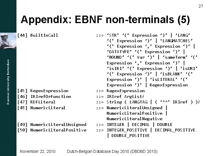 27 Appendix: EBNF non-terminals (5) [44] Built. In. Call [45] [46] [47] [48] Regex.