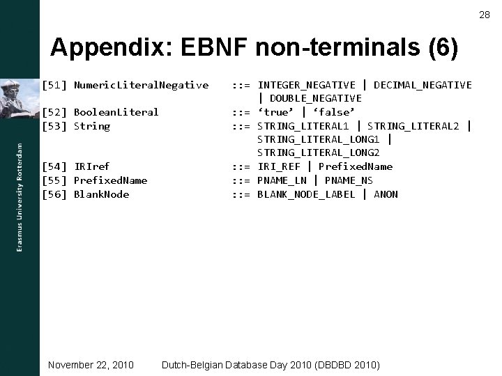 28 Appendix: EBNF non-terminals (6) [51] Numeric. Literal. Negative [52] Boolean. Literal [53] String