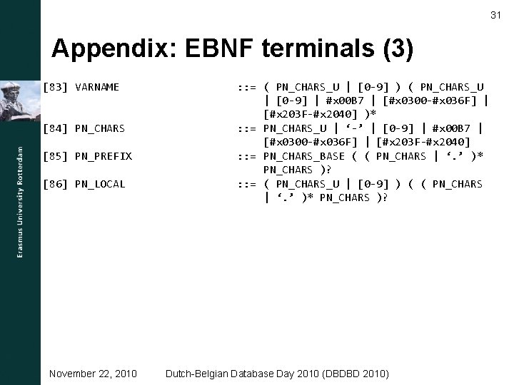 31 Appendix: EBNF terminals (3) [83] VARNAME [84] PN_CHARS [85] PN_PREFIX [86] PN_LOCAL November