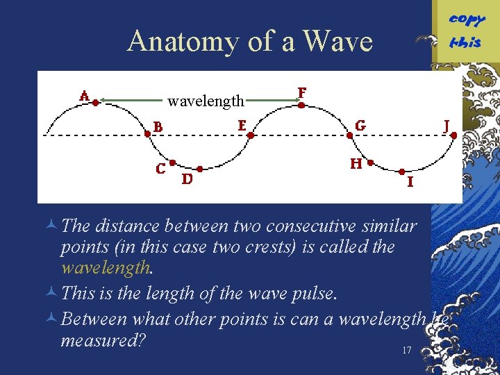 Anatomy of a Wave wavelength © The distance between two consecutive similar points (in