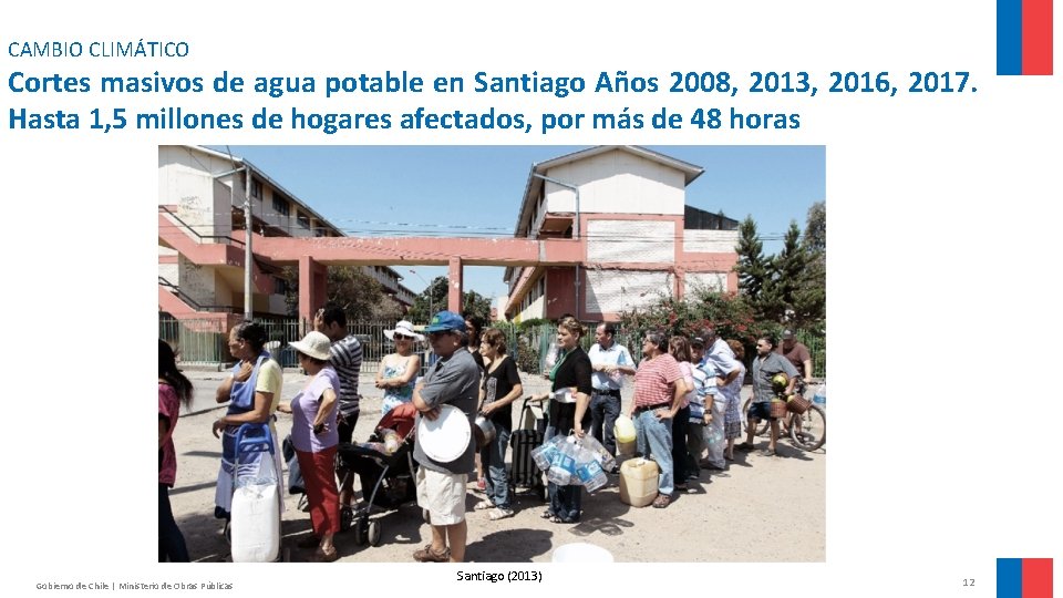CAMBIO CLIMÁTICO Cortes masivos de agua potable en Santiago Años 2008, 2013, 2016, 2017.