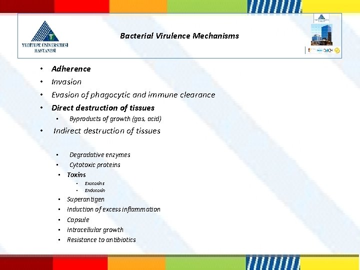 Bacterial Virulence Mechanisms • • Adherence Invasion Evasion of phagocytic and immune clearance Direct