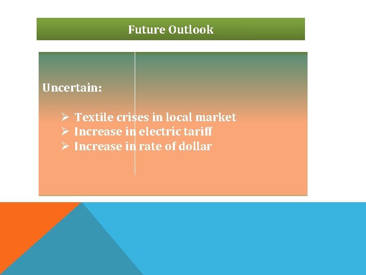 Future Outlook Uncertain: Ø Textile crises in local market Ø Increase in electric tariff