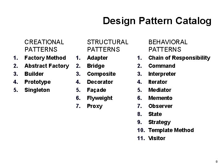 Design Pattern Catalog STRUCTURAL PATTERNS CREATIONAL PATTERNS 1. 2. 3. 4. 5. Factory Method