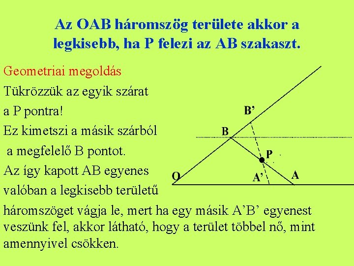 Az OAB háromszög területe akkor a legkisebb, ha P felezi az AB szakaszt. Geometriai