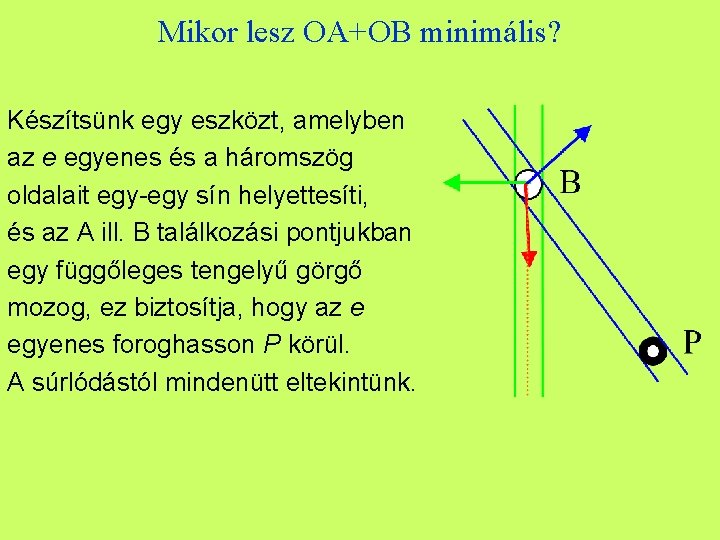 Mikor lesz OA+OB minimális? Készítsünk egy eszközt, amelyben az e egyenes és a háromszög