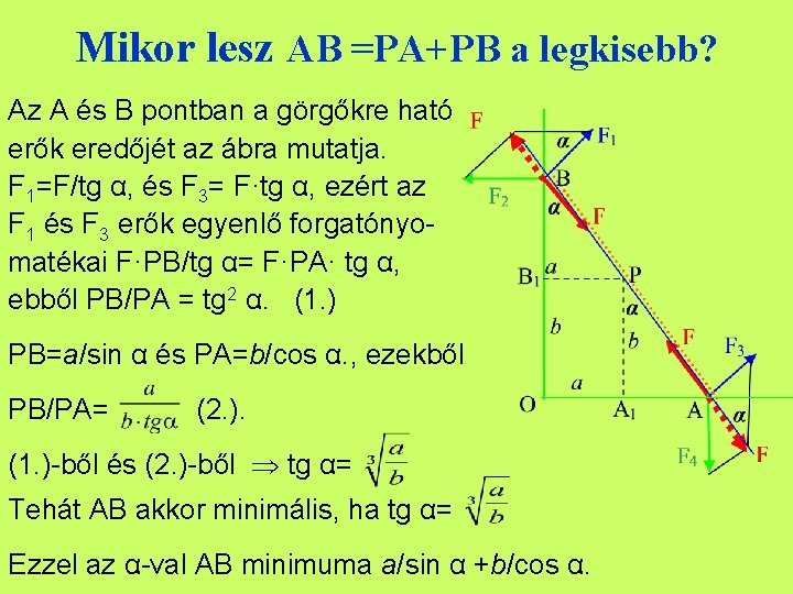 Mikor lesz AB =PA+PB a legkisebb? Az A és B pontban a görgőkre ható