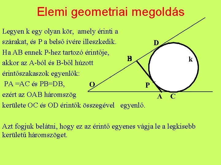 Elemi geometriai megoldás Legyen k egy olyan kör, amely érinti a szárakat, és P