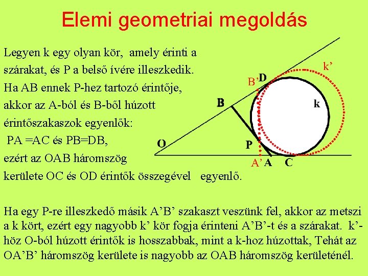 Elemi geometriai megoldás Legyen k egy olyan kör, amely érinti a szárakat, és P