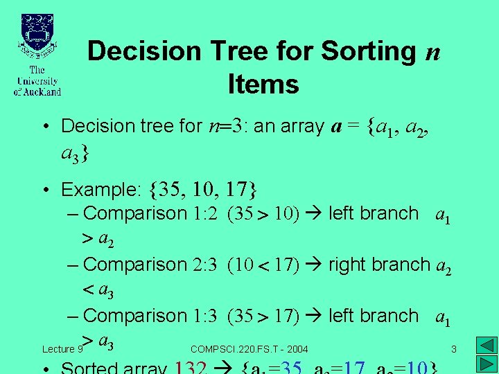 Decision Tree for Sorting n Items • Decision tree for n=3: an array a