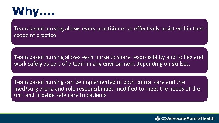 Why…. Team based nursing allows every practitioner to effectively assist within their scope of