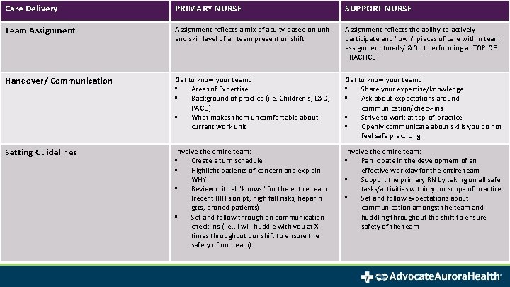 Care Delivery PRIMARY NURSE SUPPORT NURSE Team Assignment reflects a mix of acuity based