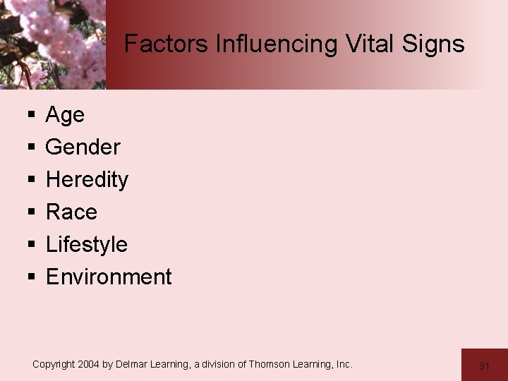 Factors Influencing Vital Signs § § § Age Gender Heredity Race Lifestyle Environment Copyright