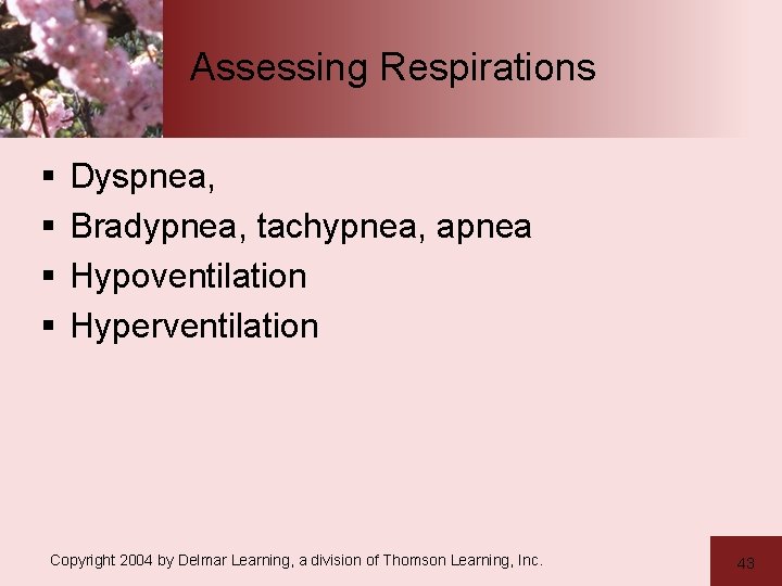 Assessing Respirations § § Dyspnea, Bradypnea, tachypnea, apnea Hypoventilation Hyperventilation Copyright 2004 by Delmar