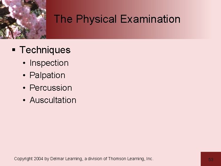 The Physical Examination § Techniques • • Inspection Palpation Percussion Auscultation Copyright 2004 by