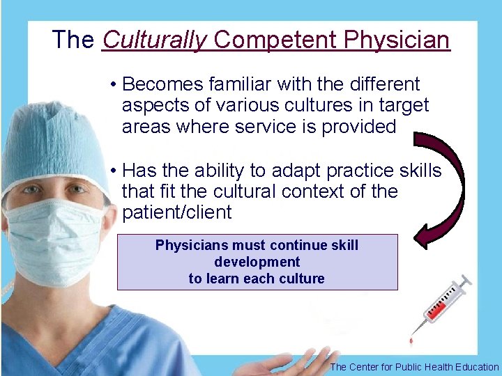 The Culturally Competent Physician • Becomes familiar with the different aspects of various cultures